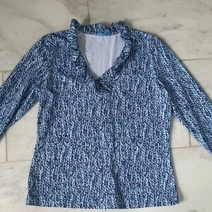 Chic Blue and White Ruffled Blouse